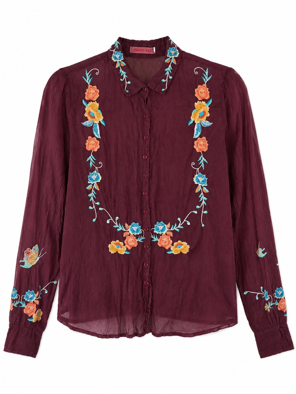 Johnny Was Embroidered Burgundy Blouse